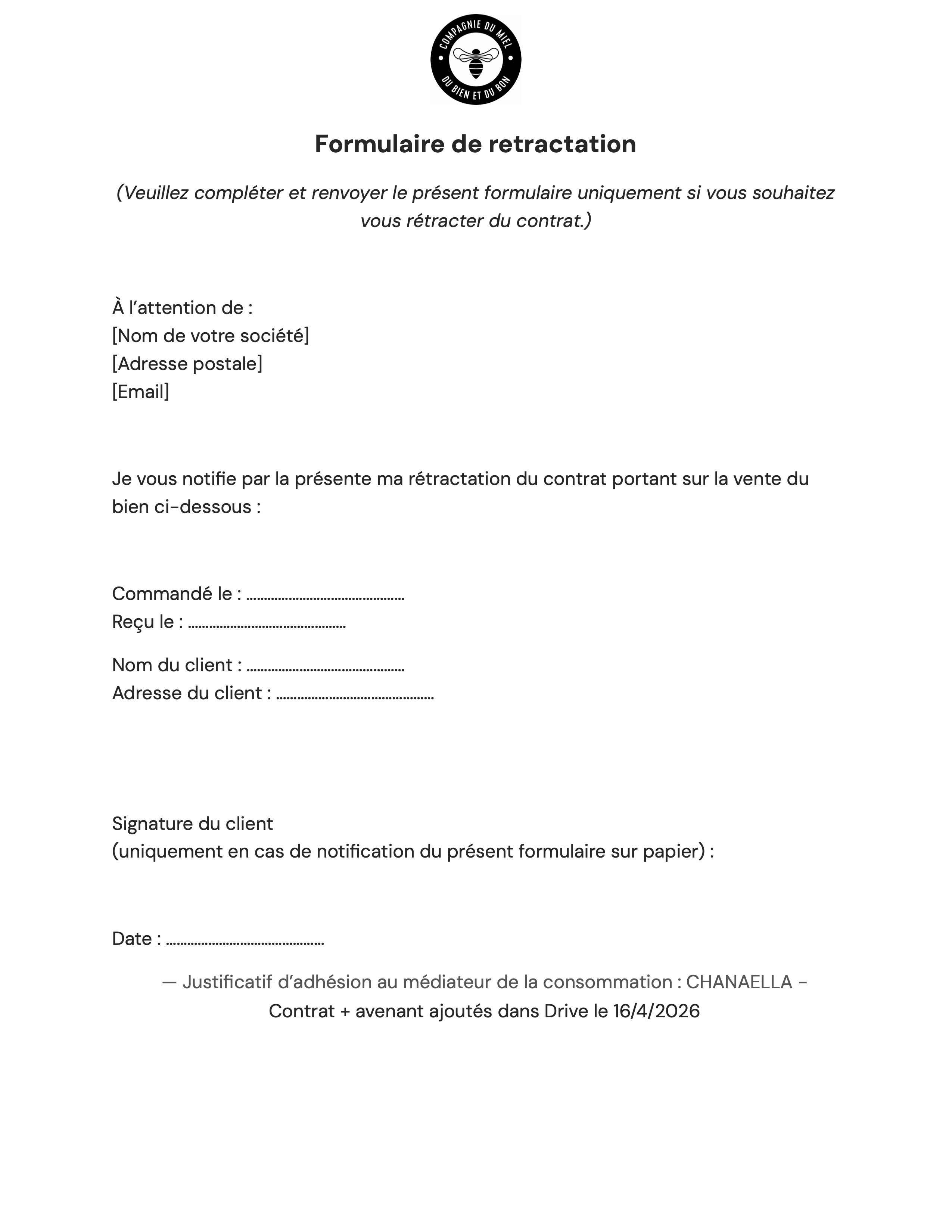 Formulaire de retractation